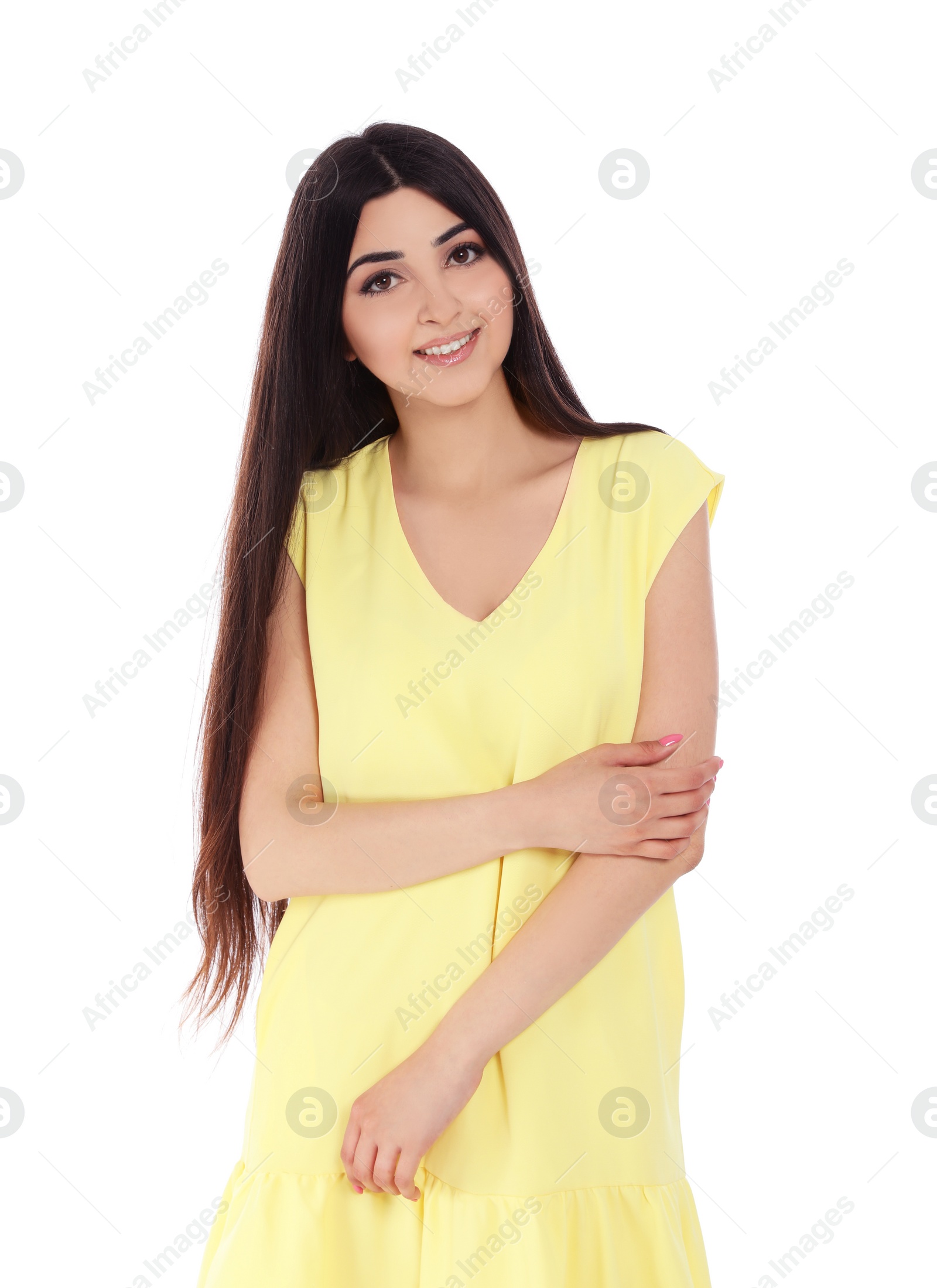 Photo of Portrait of beautiful brunette woman on white background
