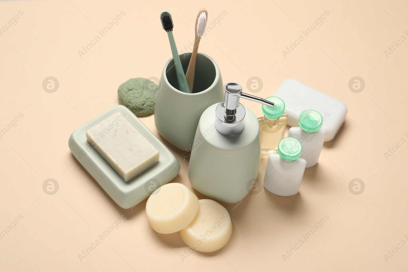 Photo of Bath accessories. Personal care products on beige background