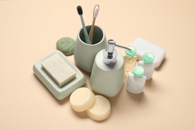 Photo of Bath accessories. Personal care products on beige background