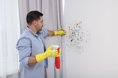 Image of Man in rubber gloves with mold remover and brush near wall in room