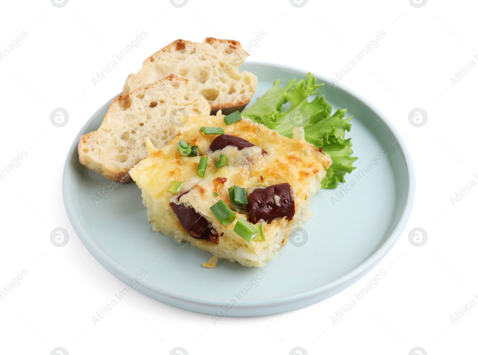 Photo of Tasty sausage casserole with green onion and bread isolated on white