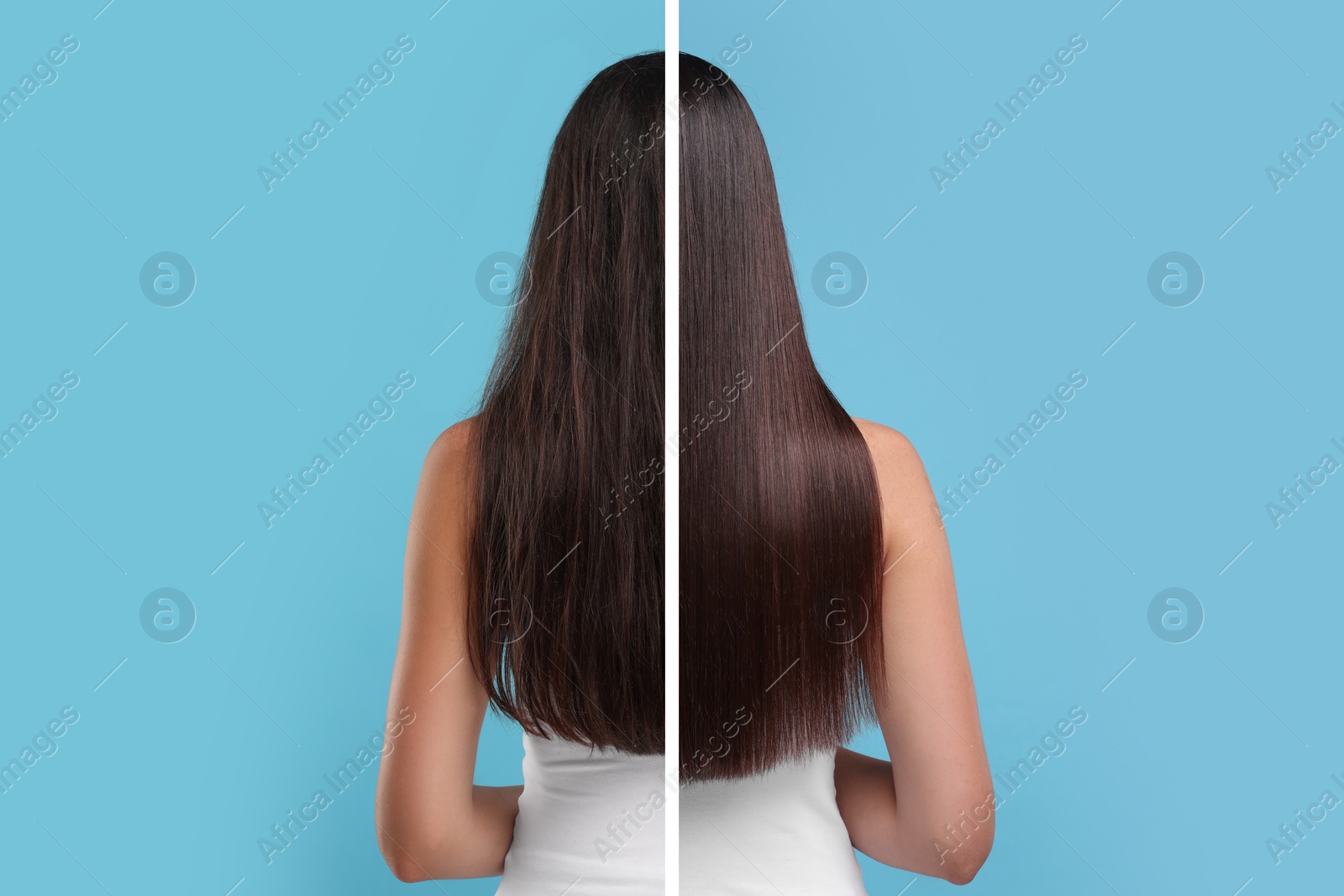 Image of Photo of woman divided into halves before and after hair treatment on light blue background, back view