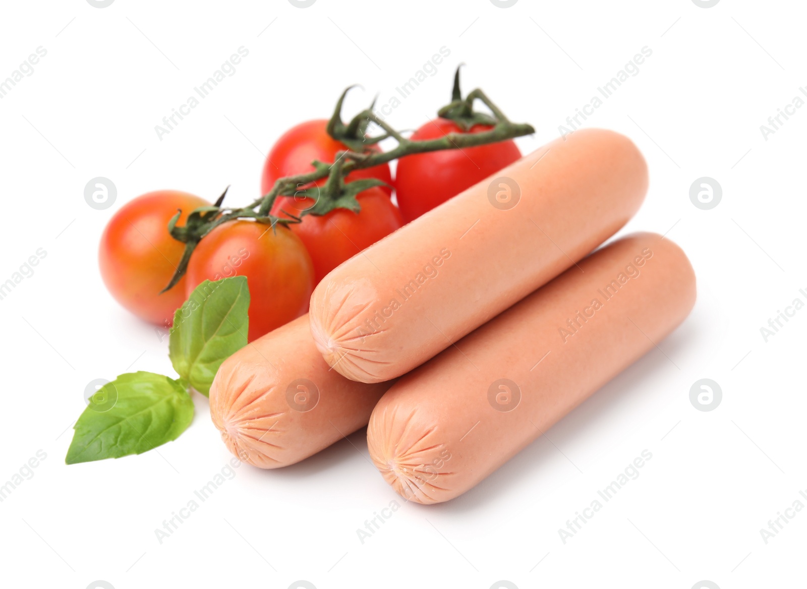 Photo of Delicious boiled sausages, tomatoes and basil on white background