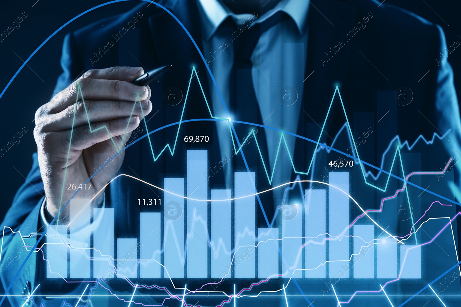 Image of Businessman drawing growth graph on virtual screen, closeup. Investment concept