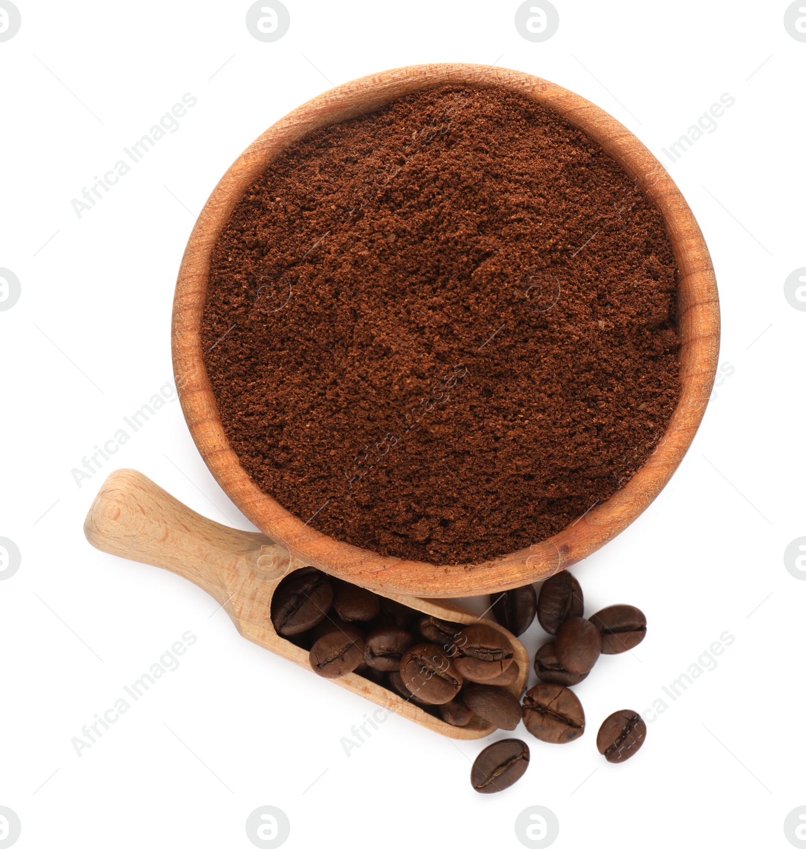 Photo of Coffee grounds and roasted beans on white background, top view