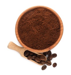 Coffee grounds and roasted beans on white background, top view