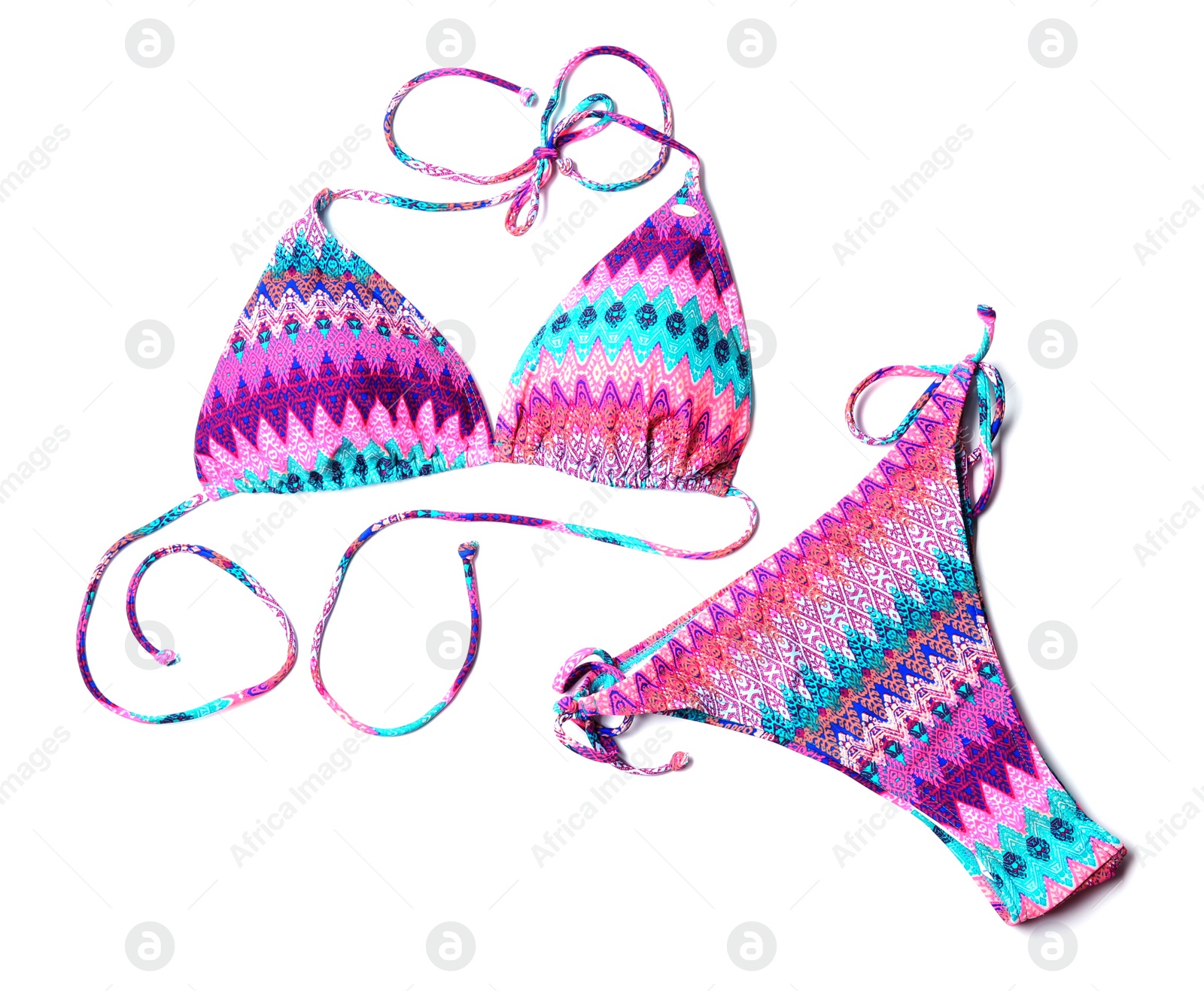 Photo of Colorful stylish bikini on white background, top view