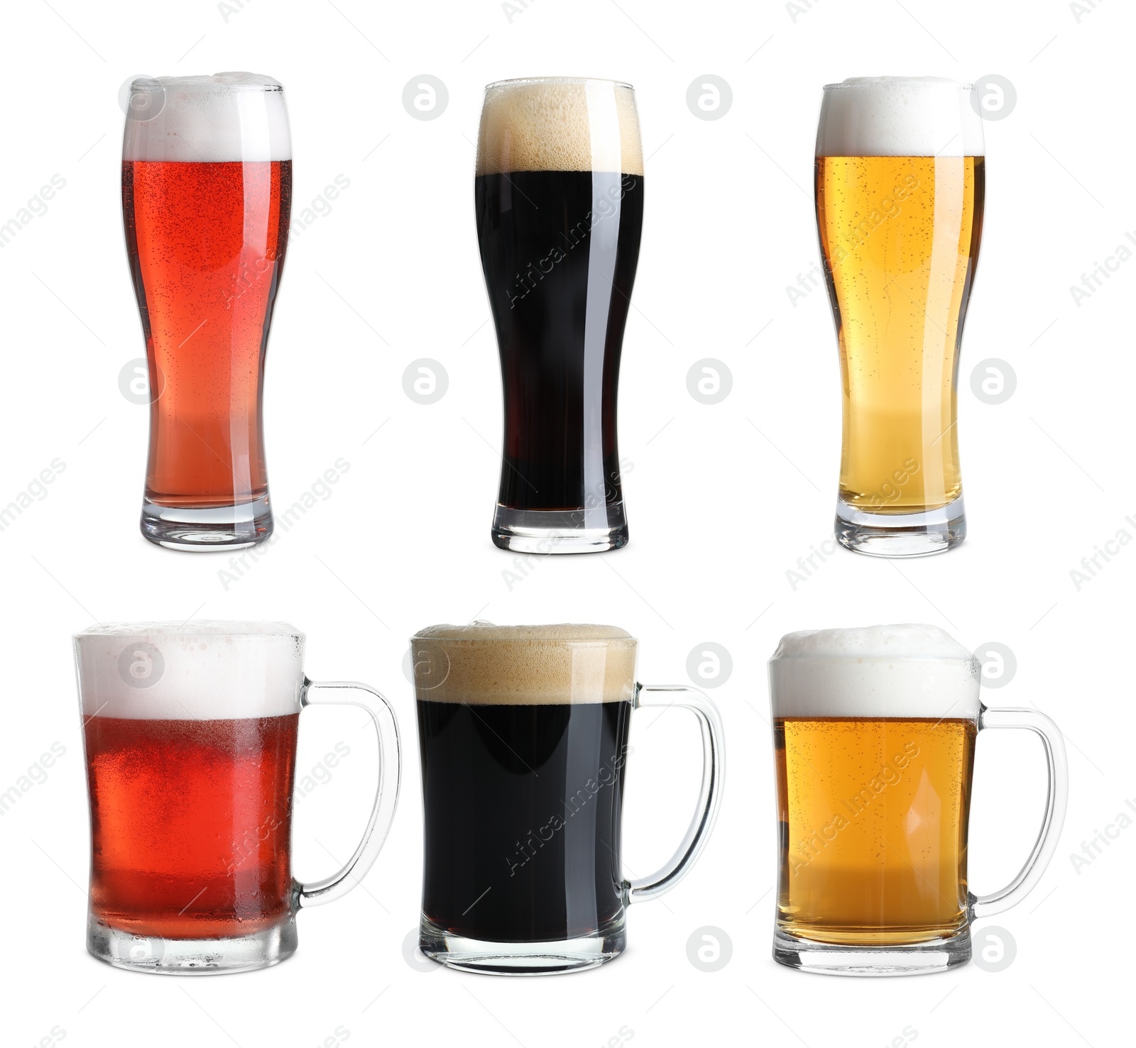 Image of Set with glasses of cold tasty beer on white background