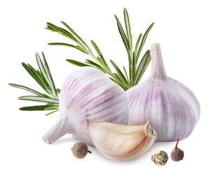 Image of Fresh garlic with rosemary and spice on white background