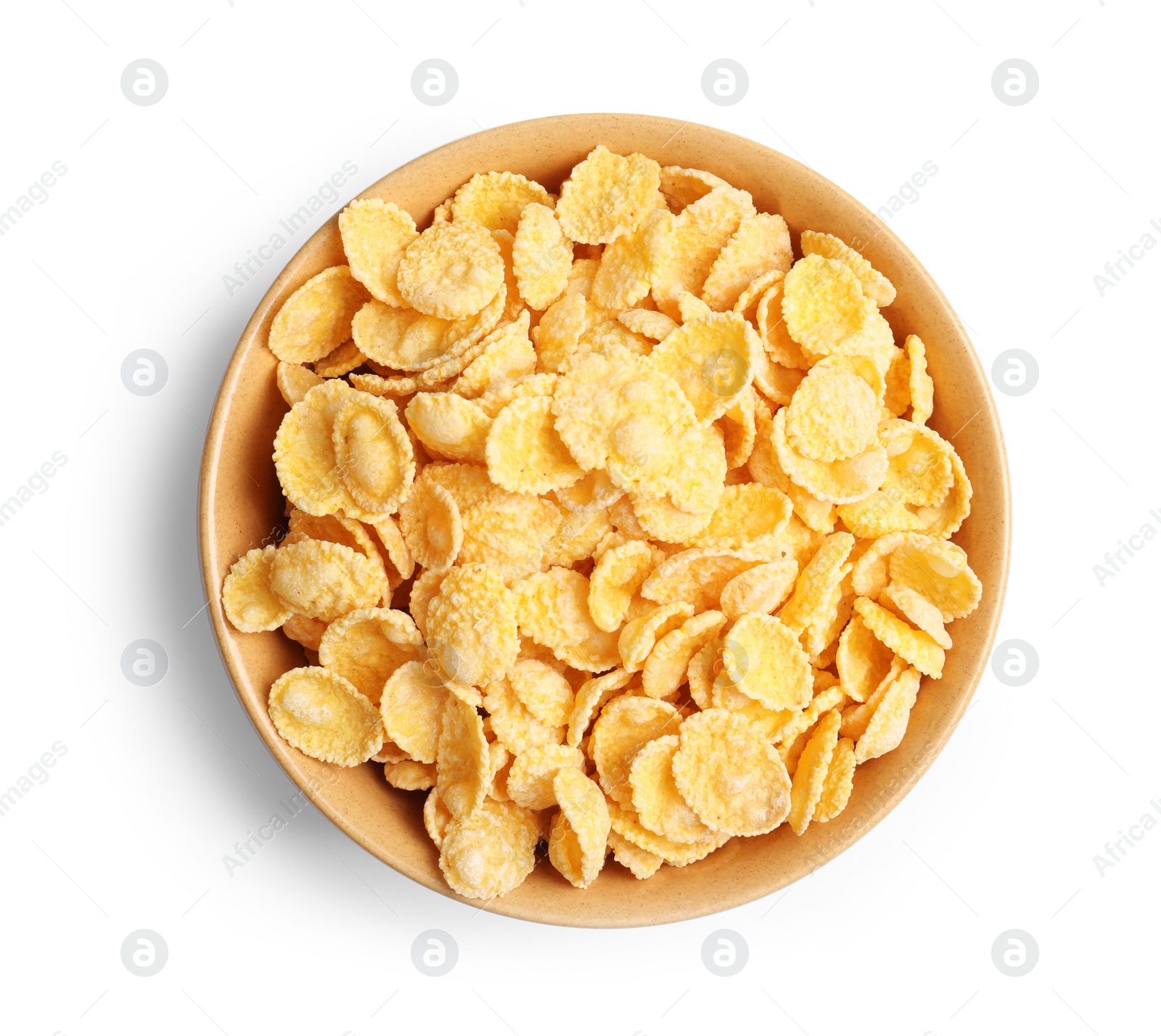 Photo of Bowl with crispy cornflakes on white background, top view