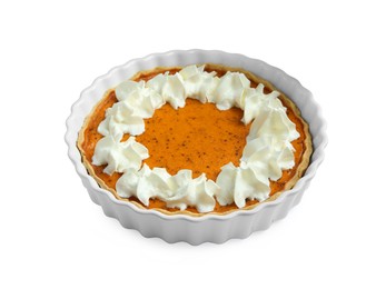 Photo of Delicious pumpkin pie with whipped cream isolated on white