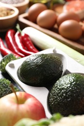 Many different healthy food on table, closeup