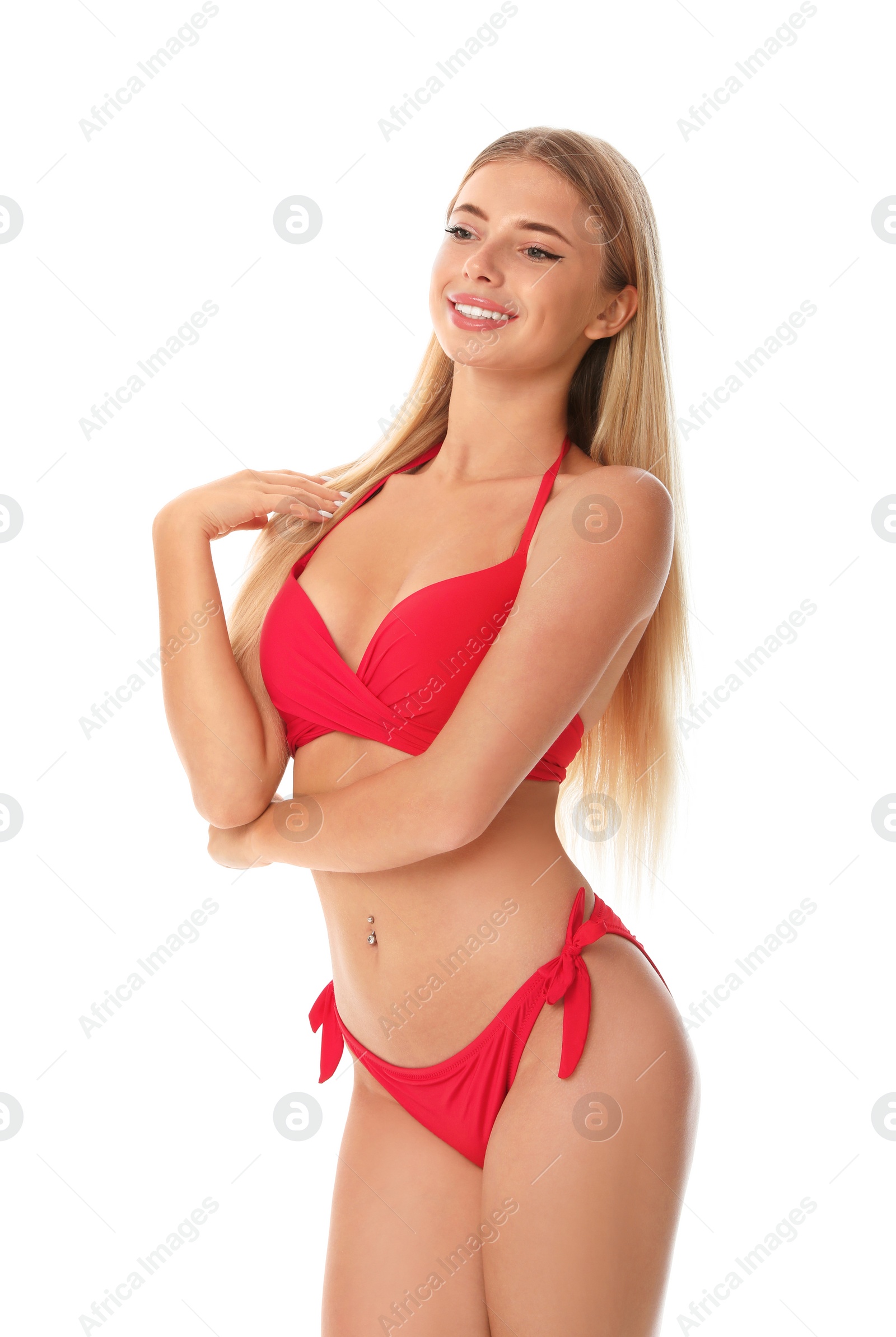 Photo of Pretty young woman wearing stylish bikini on white background