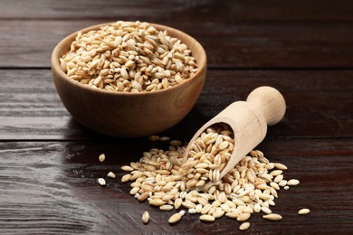 Photo of Dry pearl barley in bowl and scoop on wooden table, closeup