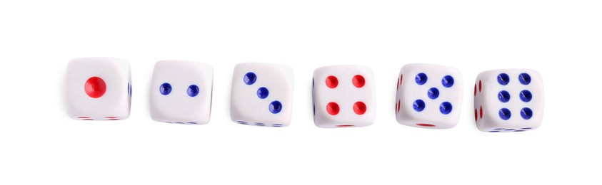 Photo of Many dices isolated on white, top view. Game cubes