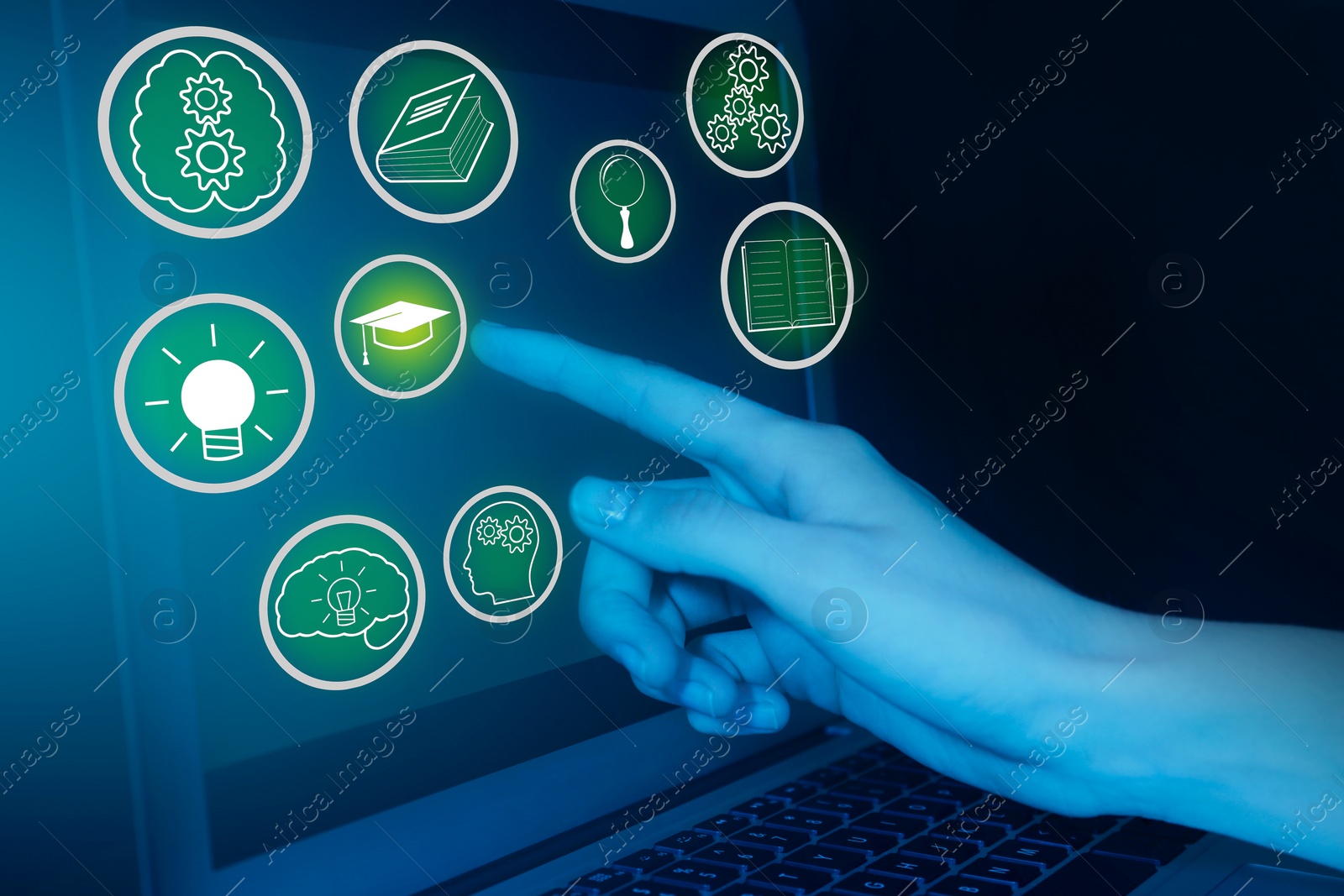 Image of E-learning. Woman using virtual screen with different icons near laptop, closeup