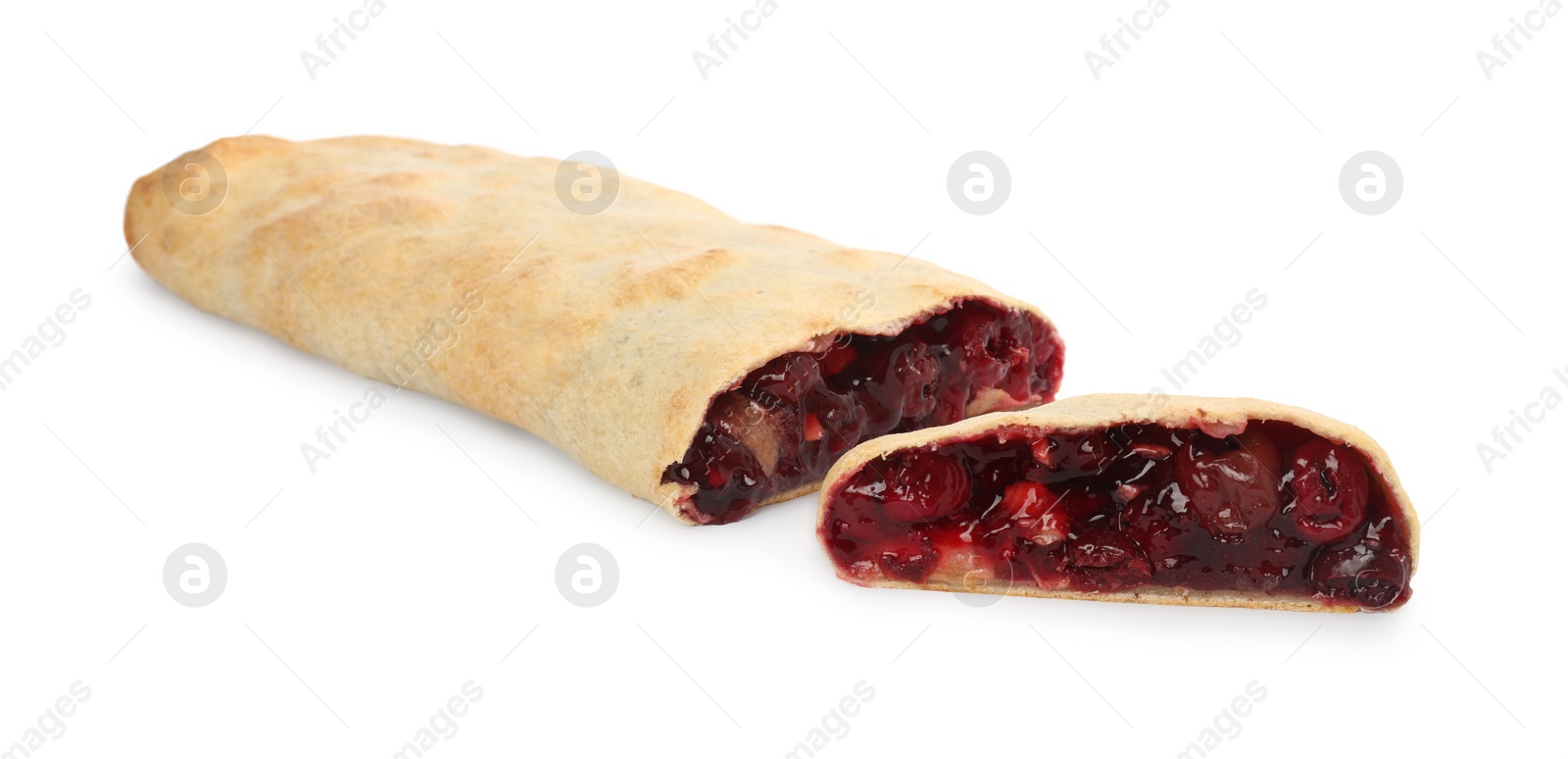 Photo of Delicious strudel with cherries isolated on white
