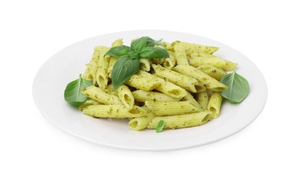 Delicious pasta with pesto sauce and basil isolated on white