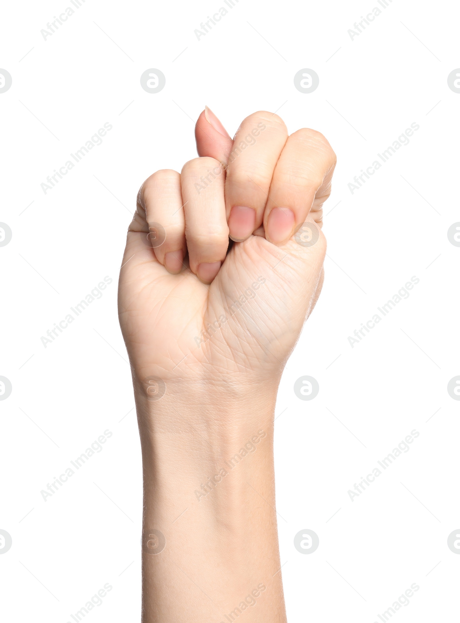 Photo of Woman showing N letter on white background, closeup. Sign language