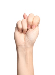 Photo of Woman showing N letter on white background, closeup. Sign language