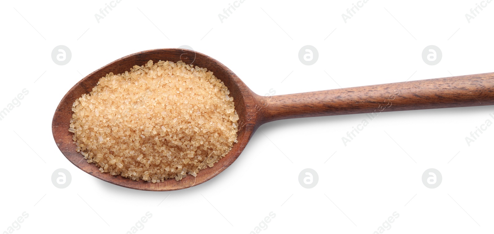 Photo of Brown sugar in wooden spoon isolated on white, top view
