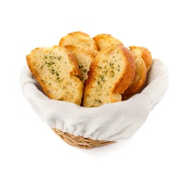 Photo of Tasty baguette with garlic and dill in basket isolated on white