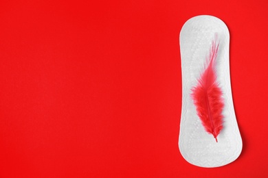 Menstrual pad and red feather on color background, top view with space for text. Gynecological care