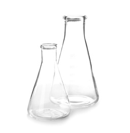 Empty flasks on white background. Laboratory analysis equipment