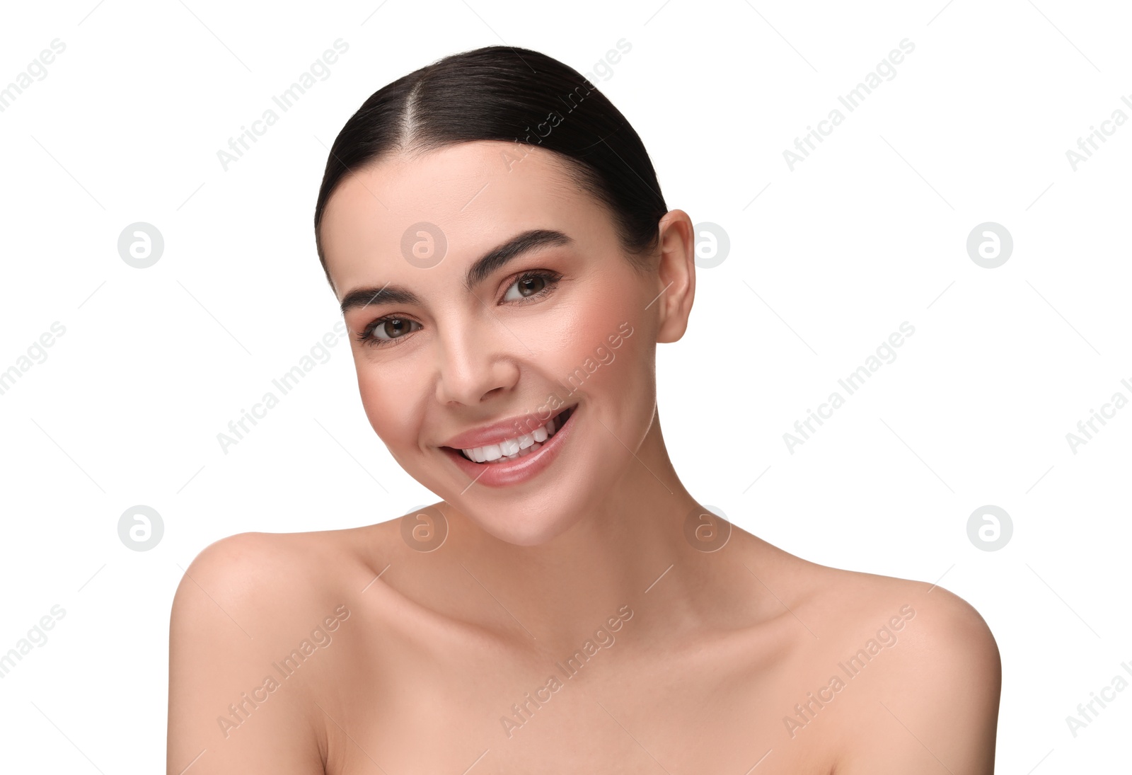 Photo of Beautiful woman with healthy skin on white background