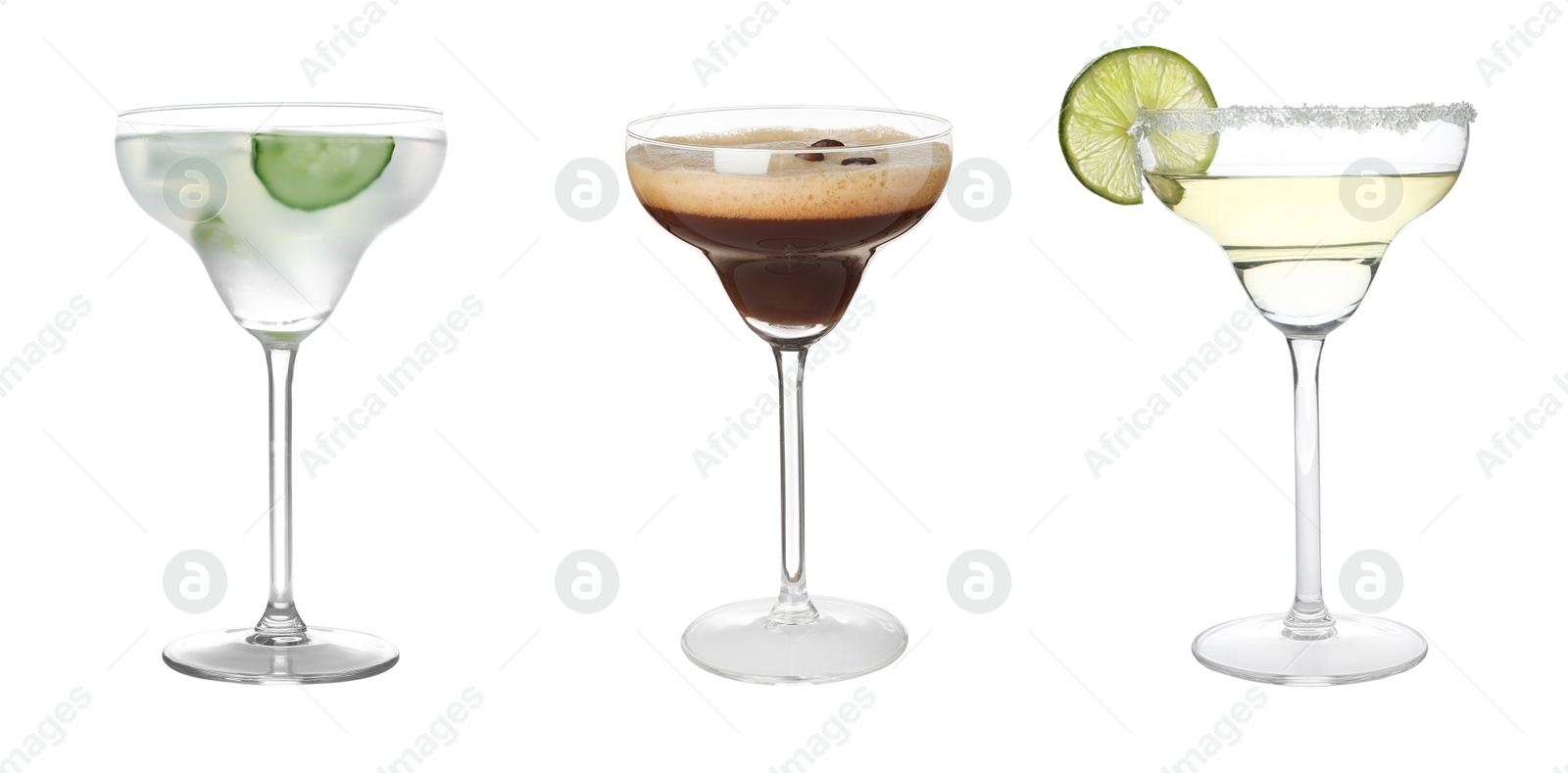 Image of Set with different martini cocktails on white background 