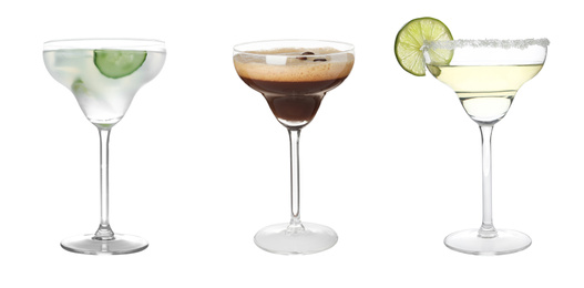 Image of Set with different martini cocktails on white background 