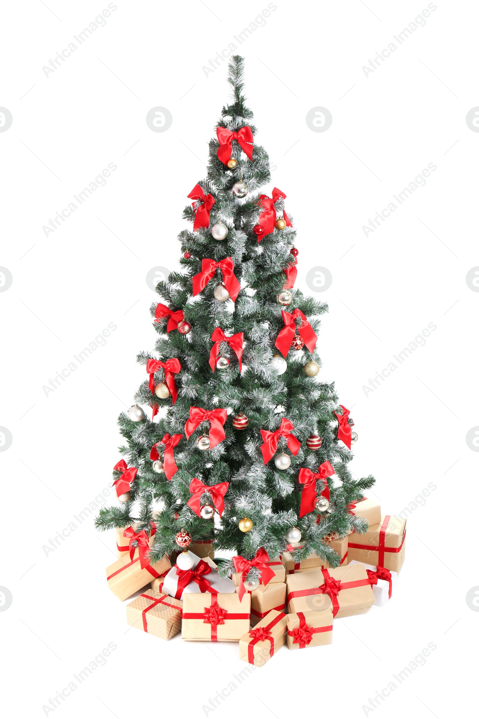 Photo of Beautiful Christmas tree with gifts on white background. Celebration time