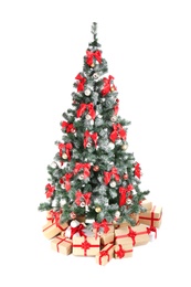 Beautiful Christmas tree with gifts on white background. Celebration time