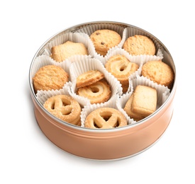 Photo of Box with Danish butter cookies on white background