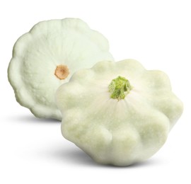 Two fresh pattypan squashes on white background