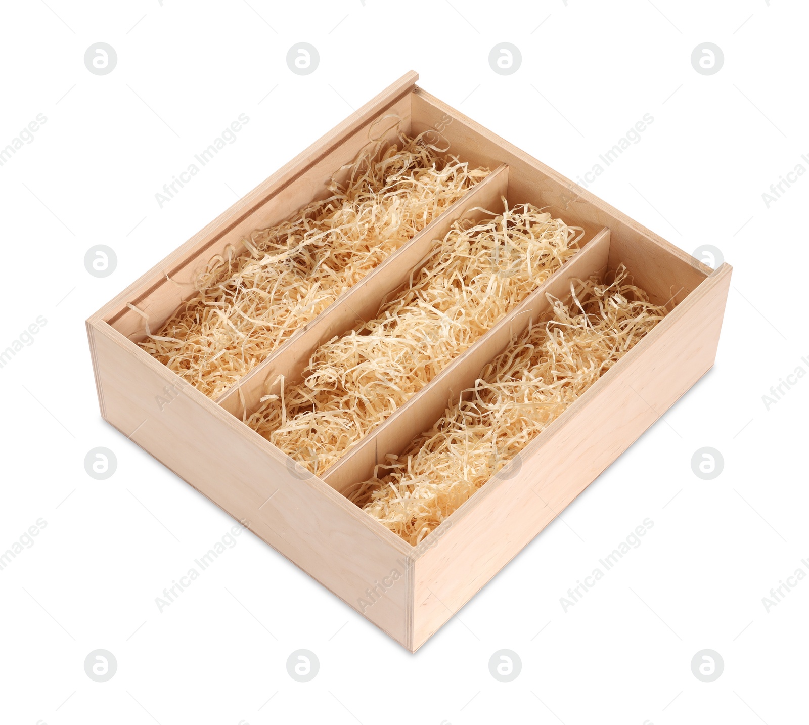 Photo of Open wooden wine box with straw isolated on white