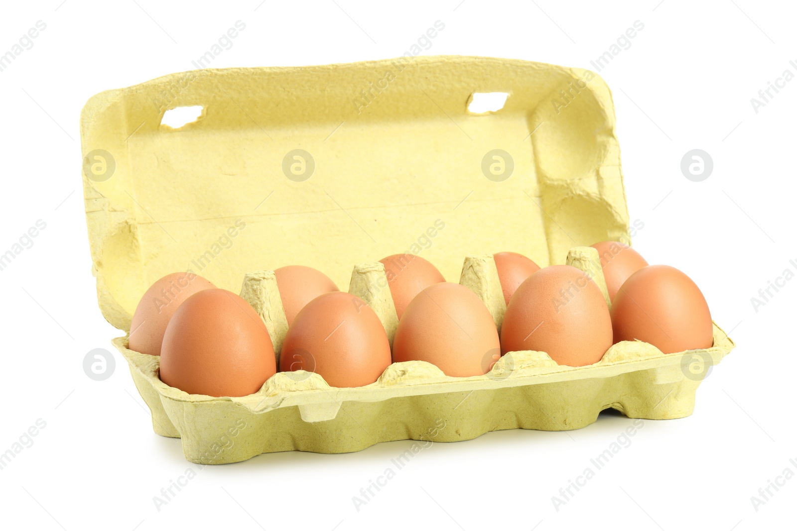 Photo of Chicken eggs in carton isolated on white