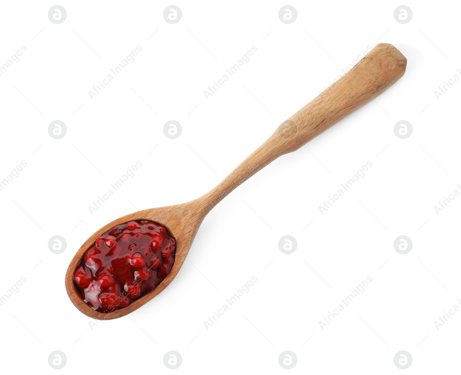 Photo of Spoon with fresh cranberry sauce isolated on white, top view