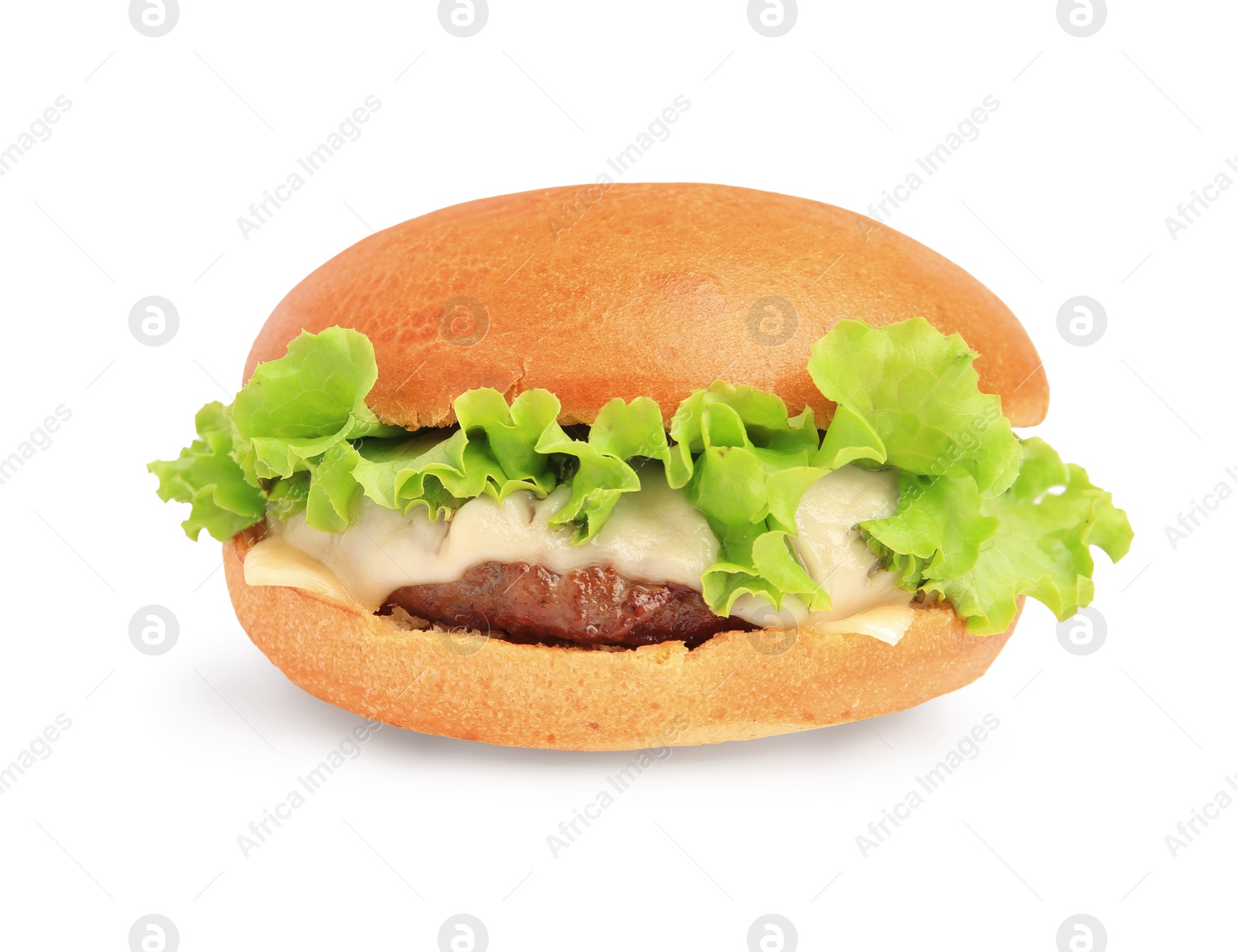 Photo of One tasty cheeseburger with lettuce isolated on white