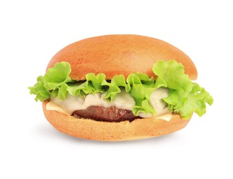 One tasty cheeseburger with lettuce isolated on white