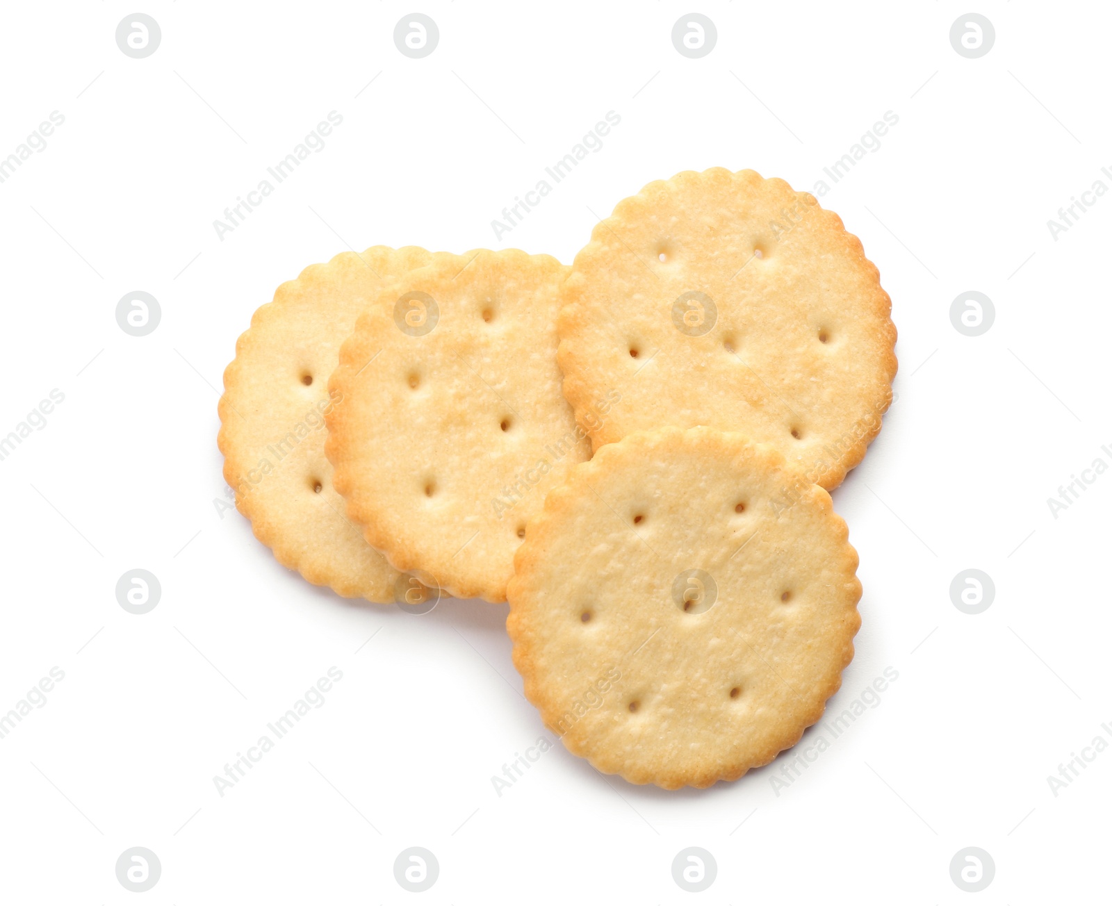 Photo of Delicious crispy crackers isolated on white, top view