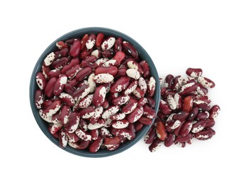 Bowl and dry kidney beans on white background, top view
