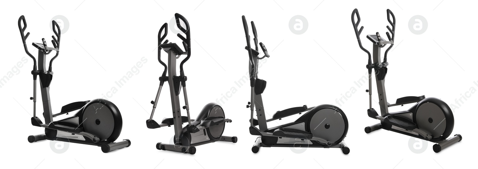 Image of Set with modern elliptical machines on white background. Banner design