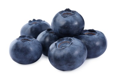 Photo of Many fresh ripe blueberries isolated on white