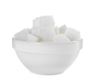 Photo of Sugar cubes in bowl on white background