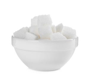 Sugar cubes in bowl on white background