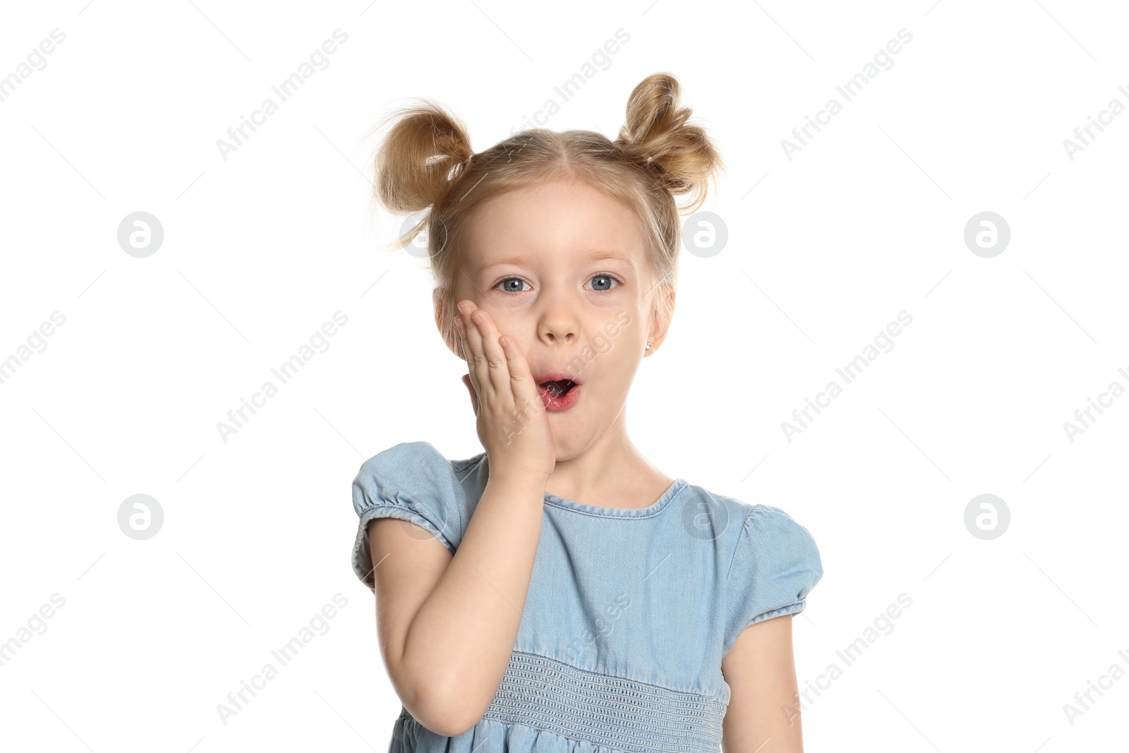 Photo of Portrait of cute little girl on white background