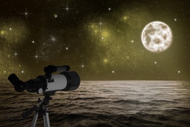 Astronomy. Viewing beautiful starry sky with full moon through telescope at night