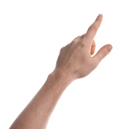 Photo of Man pointing at something on white background, closeup of hand