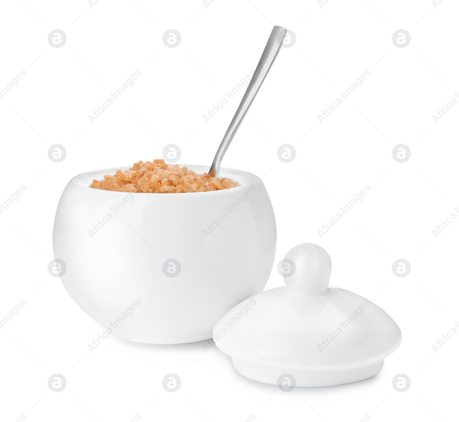 Photo of Ceramic bowl with brown sugar and spoon isolated on white